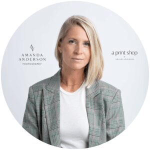 headshot photo of Amanda Anderson with Amanda Anderson and A Print Shop logos